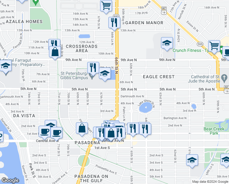 map of restaurants, bars, coffee shops, grocery stores, and more near 6606 5th Avenue North in St. Petersburg