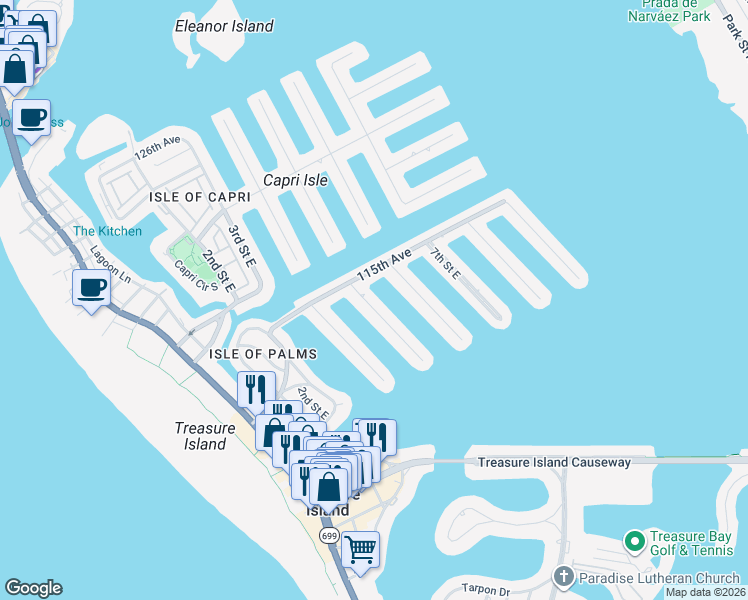 map of restaurants, bars, coffee shops, grocery stores, and more near 11385 5th Street East in Treasure Island