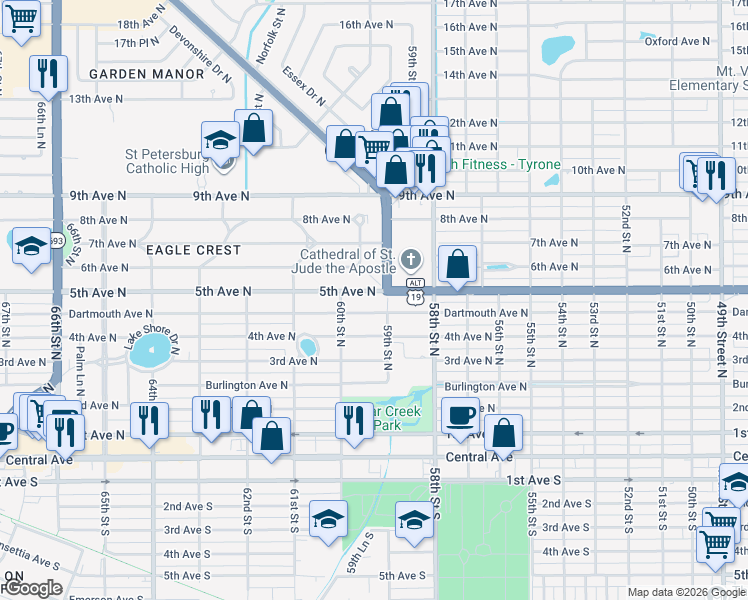 map of restaurants, bars, coffee shops, grocery stores, and more near 5900 5th Avenue North in St. Petersburg