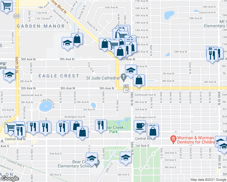 map of restaurants, bars, coffee shops, grocery stores, and more near 5900 5th Avenue North in St. Petersburg
