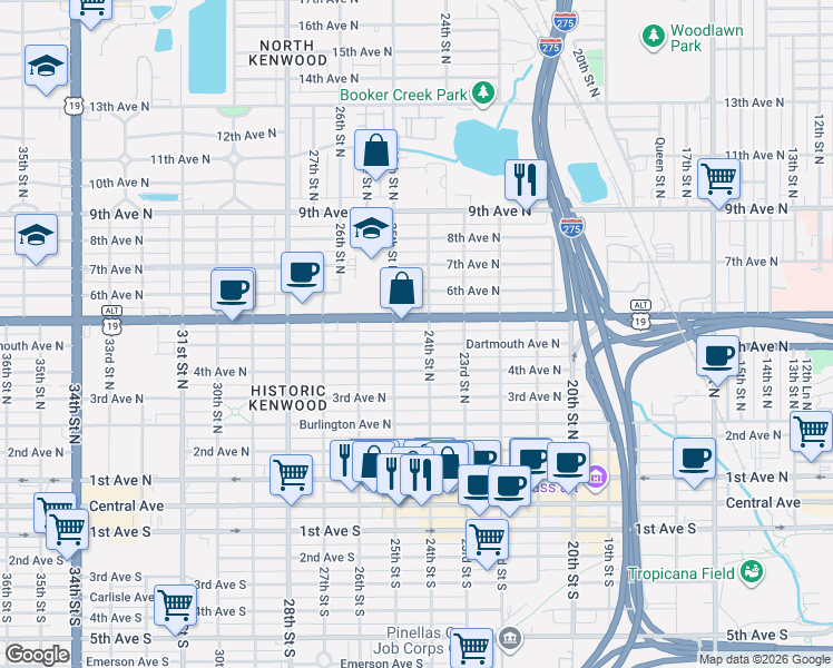 map of restaurants, bars, coffee shops, grocery stores, and more near 2419 Dartmouth Avenue North in St. Petersburg