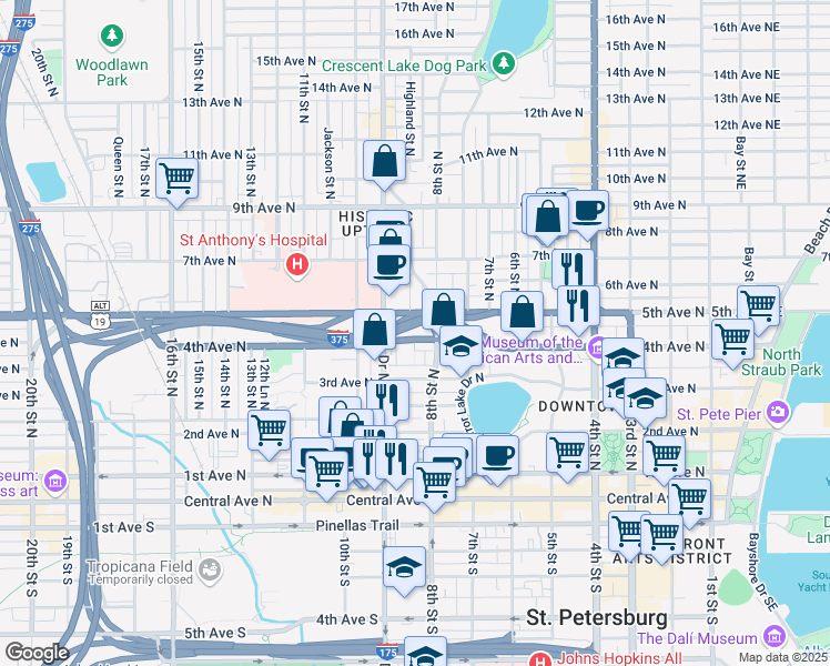 map of restaurants, bars, coffee shops, grocery stores, and more near 841 4th Avenue North in St. Petersburg