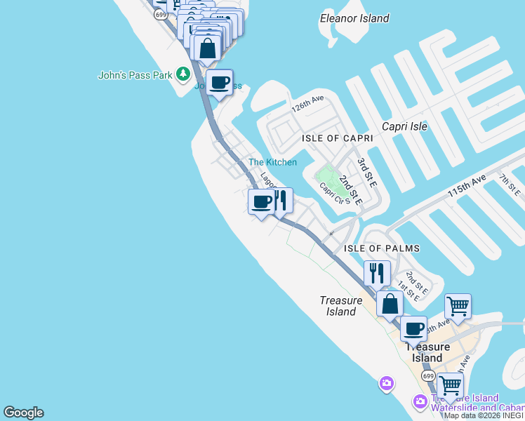 map of restaurants, bars, coffee shops, grocery stores, and more near 12100 Gulf Boulevard in Treasure Island