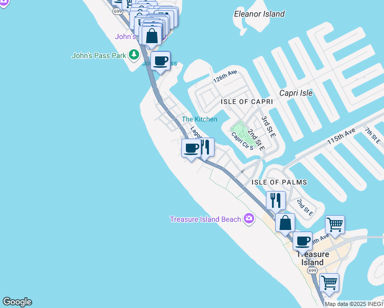 map of restaurants, bars, coffee shops, grocery stores, and more near 12100 Gulf Boulevard in Treasure Island