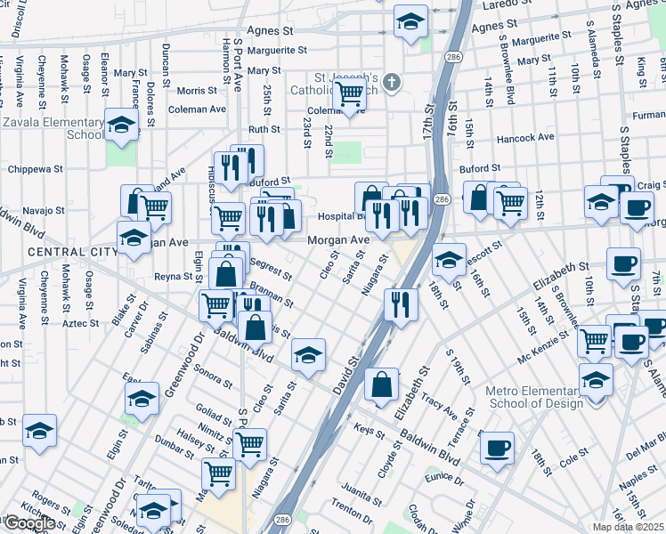 map of restaurants, bars, coffee shops, grocery stores, and more near 2218 Cleo Street in Corpus Christi