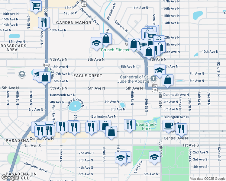 map of restaurants, bars, coffee shops, grocery stores, and more near 6132 5th Avenue North in St. Petersburg