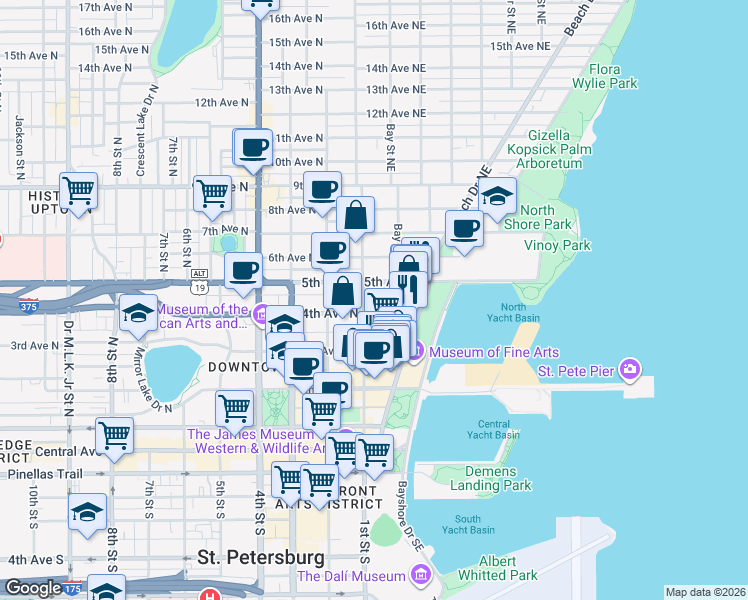 map of restaurants, bars, coffee shops, grocery stores, and more near 105 4th Avenue Northeast in St. Petersburg