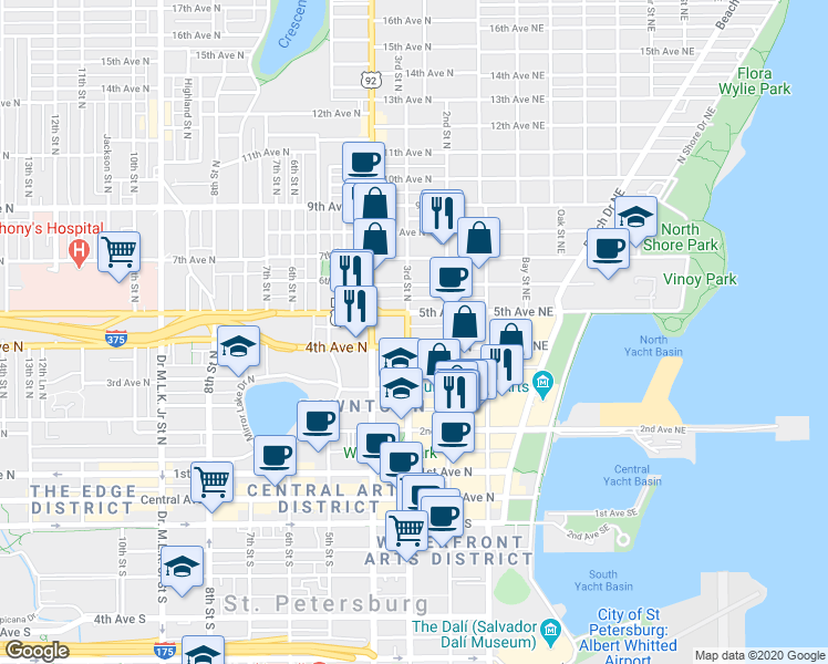 map of restaurants, bars, coffee shops, grocery stores, and more near 249 4th Avenue North in St. Petersburg