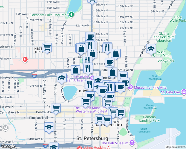 map of restaurants, bars, coffee shops, grocery stores, and more near 325 4th Avenue North in St. Petersburg