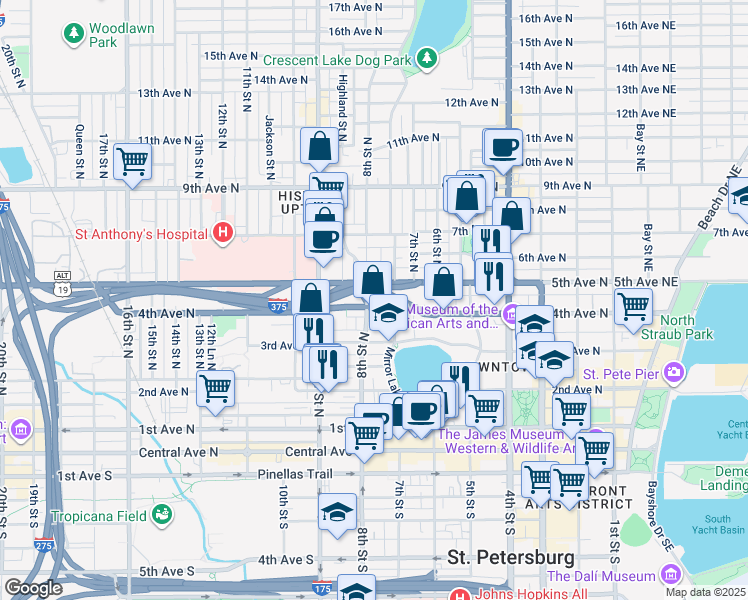 map of restaurants, bars, coffee shops, grocery stores, and more near 755 4th Avenue North in St. Petersburg