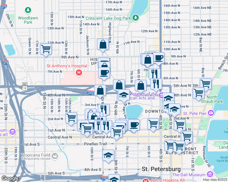 map of restaurants, bars, coffee shops, grocery stores, and more near 841 4th Avenue North in St. Petersburg