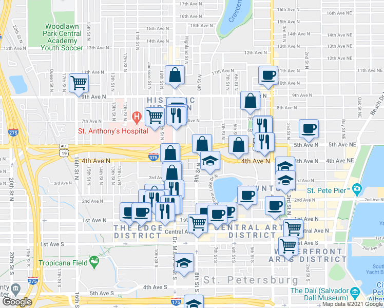 map of restaurants, bars, coffee shops, grocery stores, and more near 841 4th Avenue North in St. Petersburg