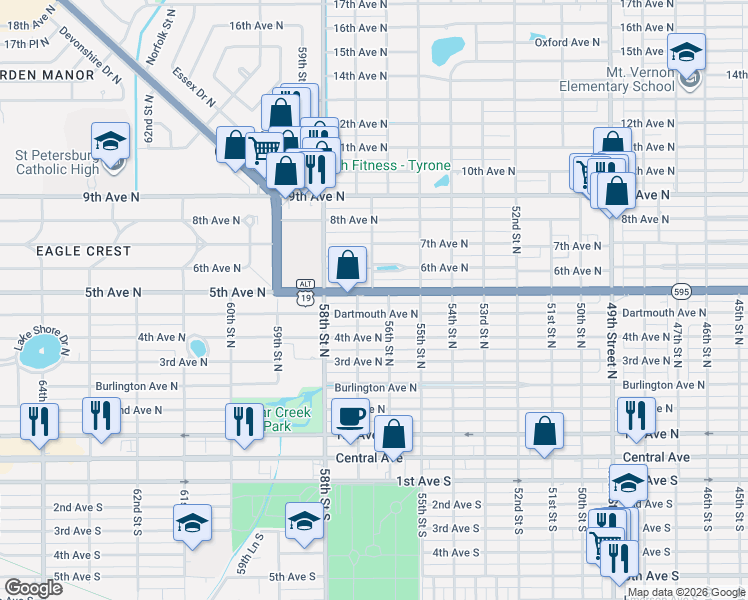 map of restaurants, bars, coffee shops, grocery stores, and more near 5618 5th Avenue North in St. Petersburg
