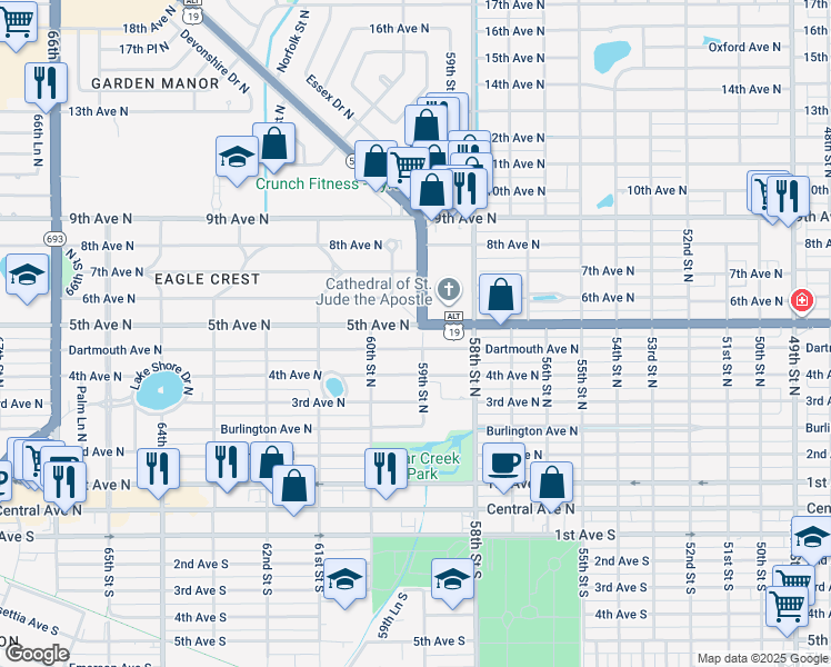 map of restaurants, bars, coffee shops, grocery stores, and more near 5900 5th Avenue North in St. Petersburg