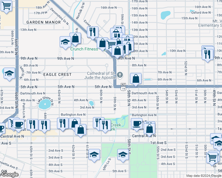 map of restaurants, bars, coffee shops, grocery stores, and more near 5900 5th Avenue North in St. Petersburg