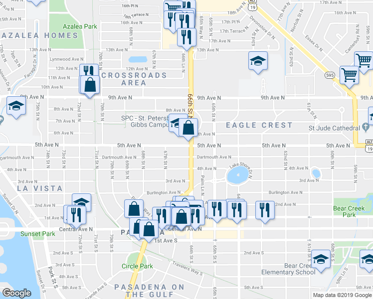 map of restaurants, bars, coffee shops, grocery stores, and more near 6642 5th Avenue North in St. Petersburg