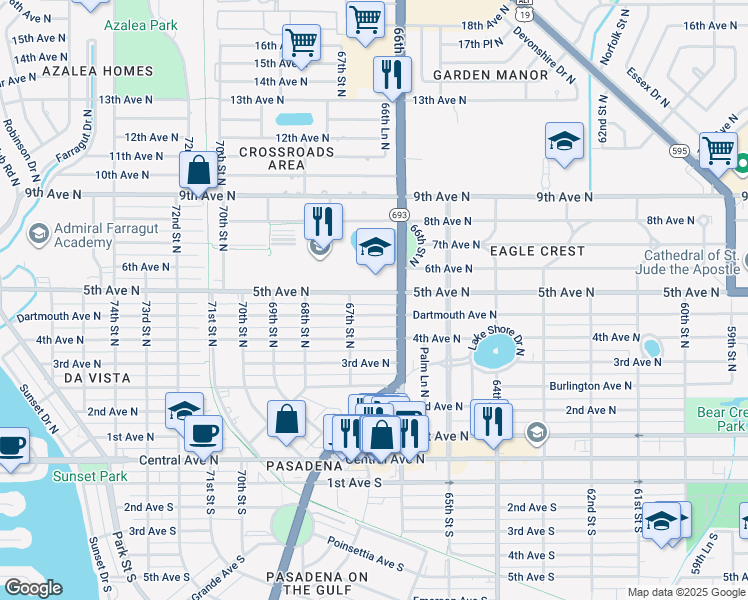 map of restaurants, bars, coffee shops, grocery stores, and more near 6642 5th Avenue North in St. Petersburg