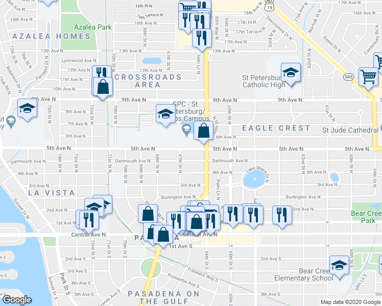 map of restaurants, bars, coffee shops, grocery stores, and more near 6642 5th Avenue North in St. Petersburg