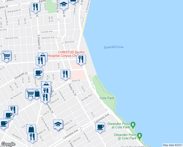 map of restaurants, bars, coffee shops, grocery stores, and more near 1400 Ocean Drive in Corpus Christi