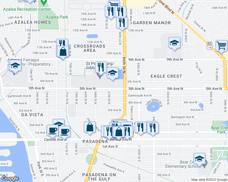 map of restaurants, bars, coffee shops, grocery stores, and more near 6658 5th Avenue North in Saint Petersburg