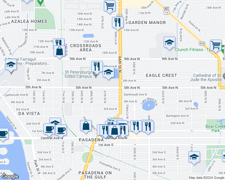 map of restaurants, bars, coffee shops, grocery stores, and more near 6642 5th Avenue North in Saint Petersburg