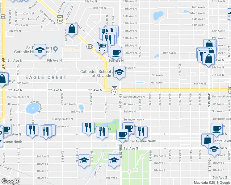 map of restaurants, bars, coffee shops, grocery stores, and more near 5816 5th Avenue North in Saint Petersburg