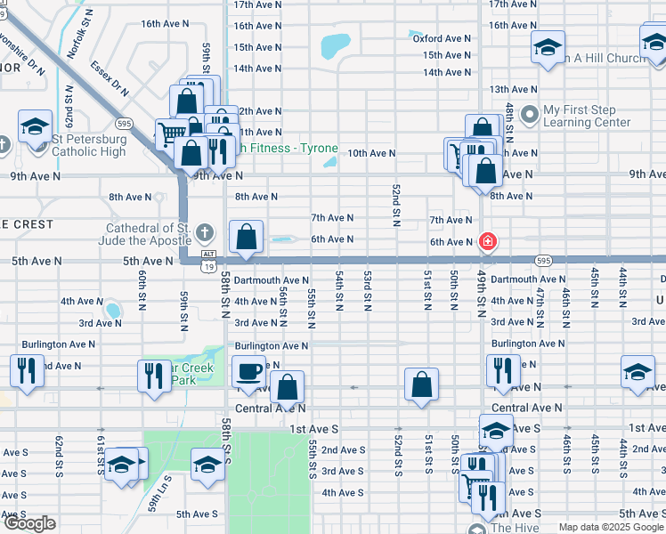 map of restaurants, bars, coffee shops, grocery stores, and more near 5408 5th Avenue North in St. Petersburg