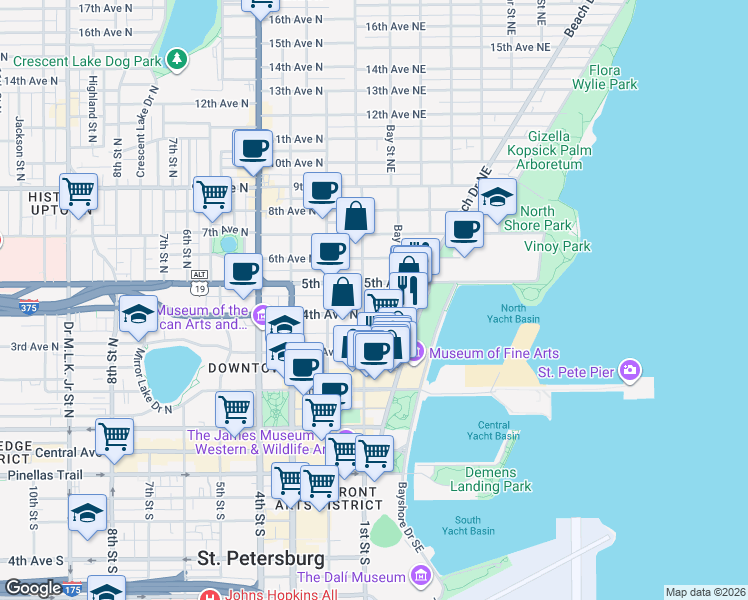 map of restaurants, bars, coffee shops, grocery stores, and more near 105 4th Avenue Northeast in St. Petersburg