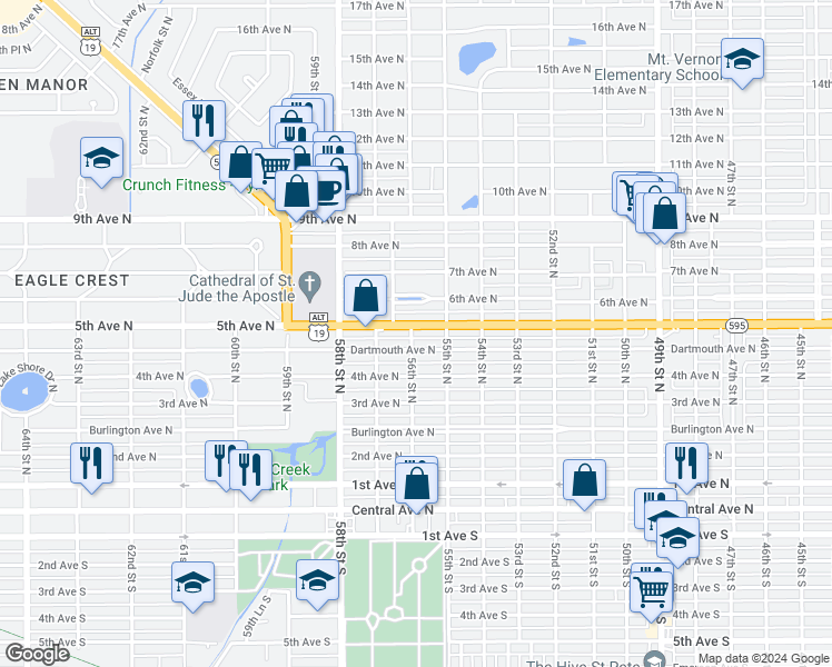 map of restaurants, bars, coffee shops, grocery stores, and more near 5562 5th Avenue North in St. Petersburg