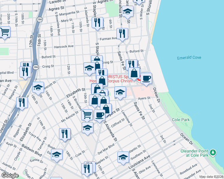 map of restaurants, bars, coffee shops, grocery stores, and more near 1503 6th Street in Corpus Christi