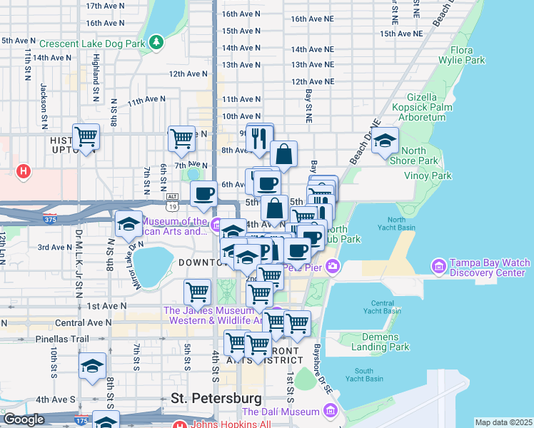 map of restaurants, bars, coffee shops, grocery stores, and more near 425 2nd Street North in Saint Petersburg