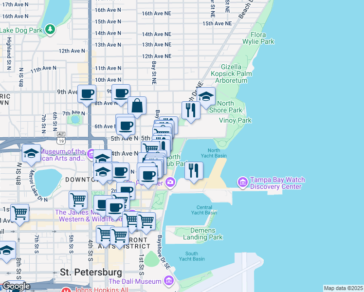 map of restaurants, bars, coffee shops, grocery stores, and more near Bayshore Drive Northeast in St. Petersburg