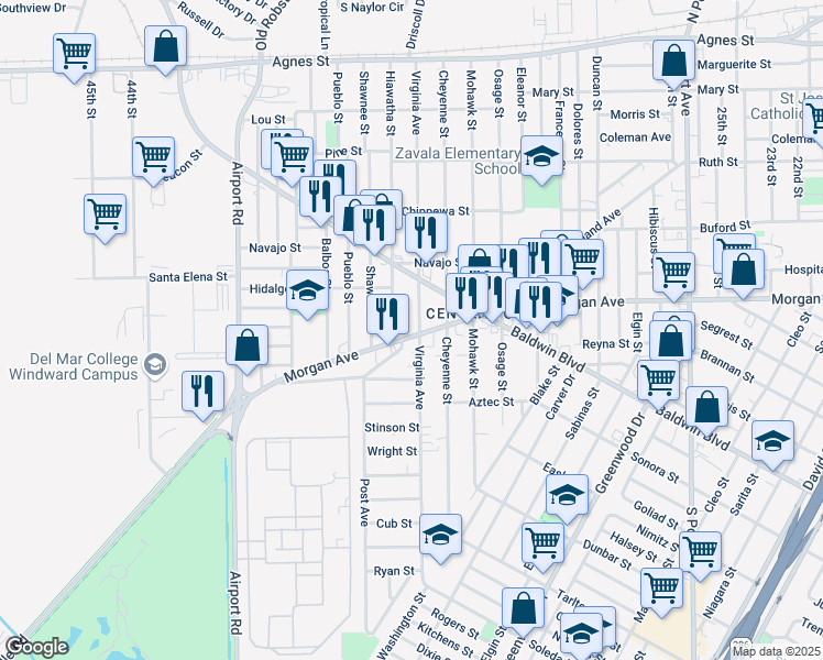 map of restaurants, bars, coffee shops, grocery stores, and more near 565 Virginia Avenue in Corpus Christi