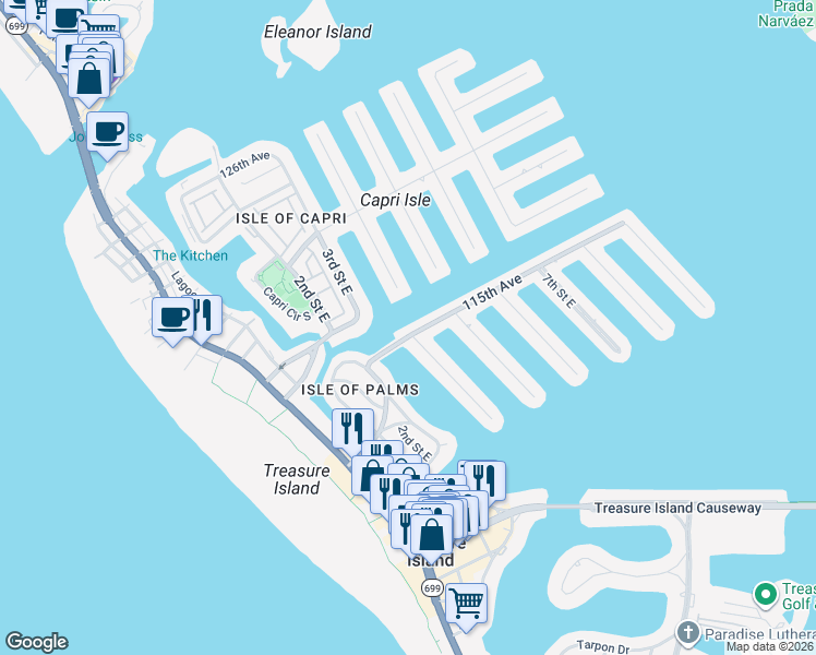map of restaurants, bars, coffee shops, grocery stores, and more near 400 115th Avenue in Treasure Island