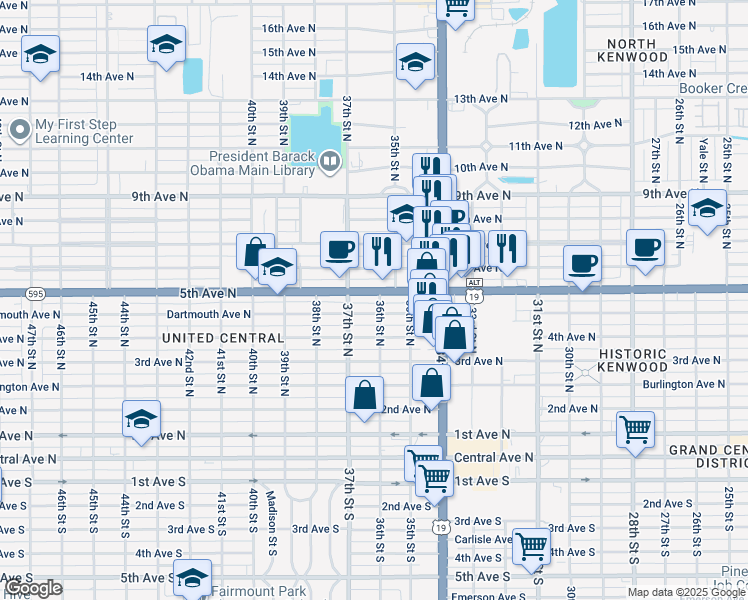 map of restaurants, bars, coffee shops, grocery stores, and more near 3636 5th Avenue North in St. Petersburg