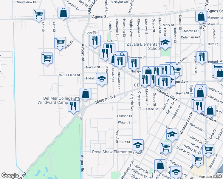 map of restaurants, bars, coffee shops, grocery stores, and more near 549 Pueblo Street in Corpus Christi