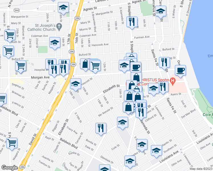 map of restaurants, bars, coffee shops, grocery stores, and more near 1450 South Brownlee Boulevard in Corpus Christi