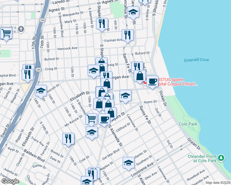 map of restaurants, bars, coffee shops, grocery stores, and more near 903 Elizabeth Street in Corpus Christi