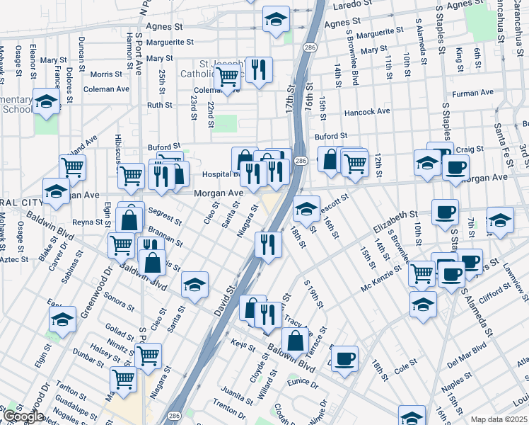 map of restaurants, bars, coffee shops, grocery stores, and more near 2121 David Street in Corpus Christi
