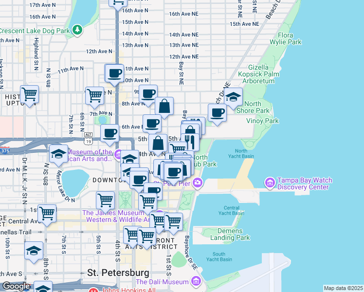 map of restaurants, bars, coffee shops, grocery stores, and more near 105 4th Avenue Northeast in St. Petersburg