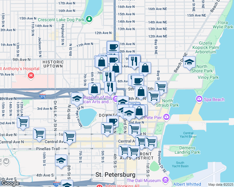 map of restaurants, bars, coffee shops, grocery stores, and more near 325 4th Avenue North in St. Petersburg