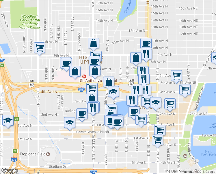 map of restaurants, bars, coffee shops, grocery stores, and more near 755 4th Avenue North in St. Petersburg