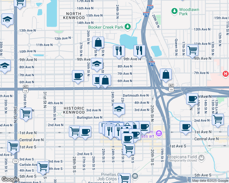 map of restaurants, bars, coffee shops, grocery stores, and more near 2326 5th Avenue North in St. Petersburg