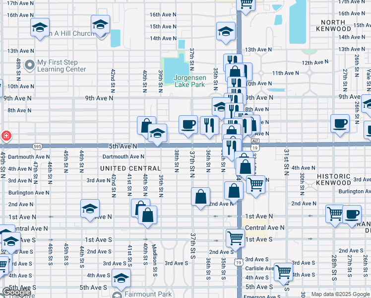 map of restaurants, bars, coffee shops, grocery stores, and more near 3750 5th Avenue North in St. Petersburg