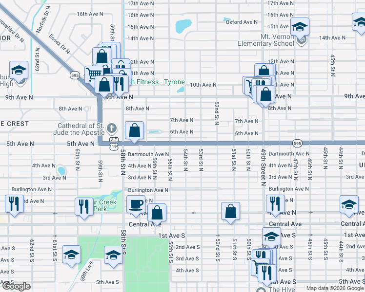 map of restaurants, bars, coffee shops, grocery stores, and more near 5408 5th Avenue North in St. Petersburg