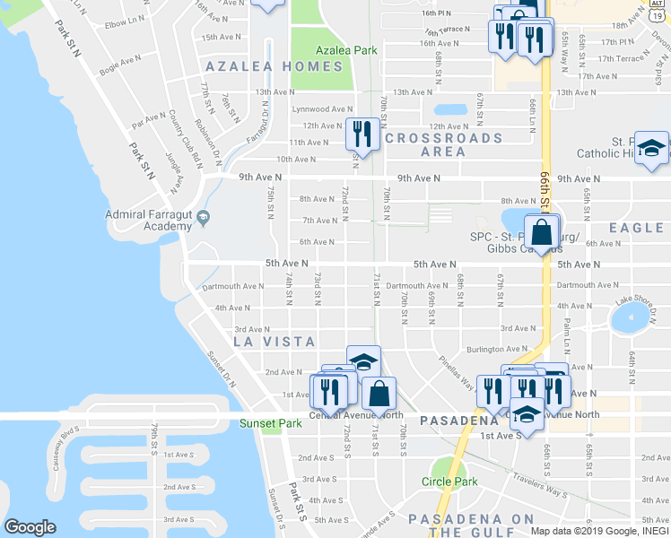 map of restaurants, bars, coffee shops, grocery stores, and more near 7210 5th Avenue North in St. Petersburg
