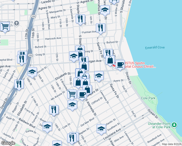 map of restaurants, bars, coffee shops, grocery stores, and more near 903 Elizabeth Street in Corpus Christi
