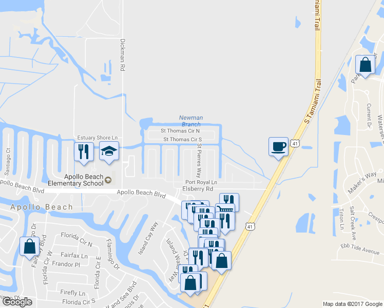 map of restaurants, bars, coffee shops, grocery stores, and more near 233 North Saint George Circle in Apollo Beach