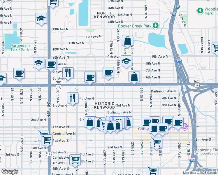 map of restaurants, bars, coffee shops, grocery stores, and more near 2750 5th Avenue North in St. Petersburg