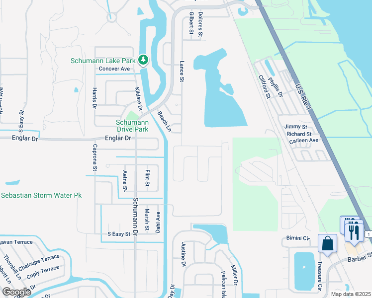 map of restaurants, bars, coffee shops, grocery stores, and more near 123 Mabry Street in Sebastian